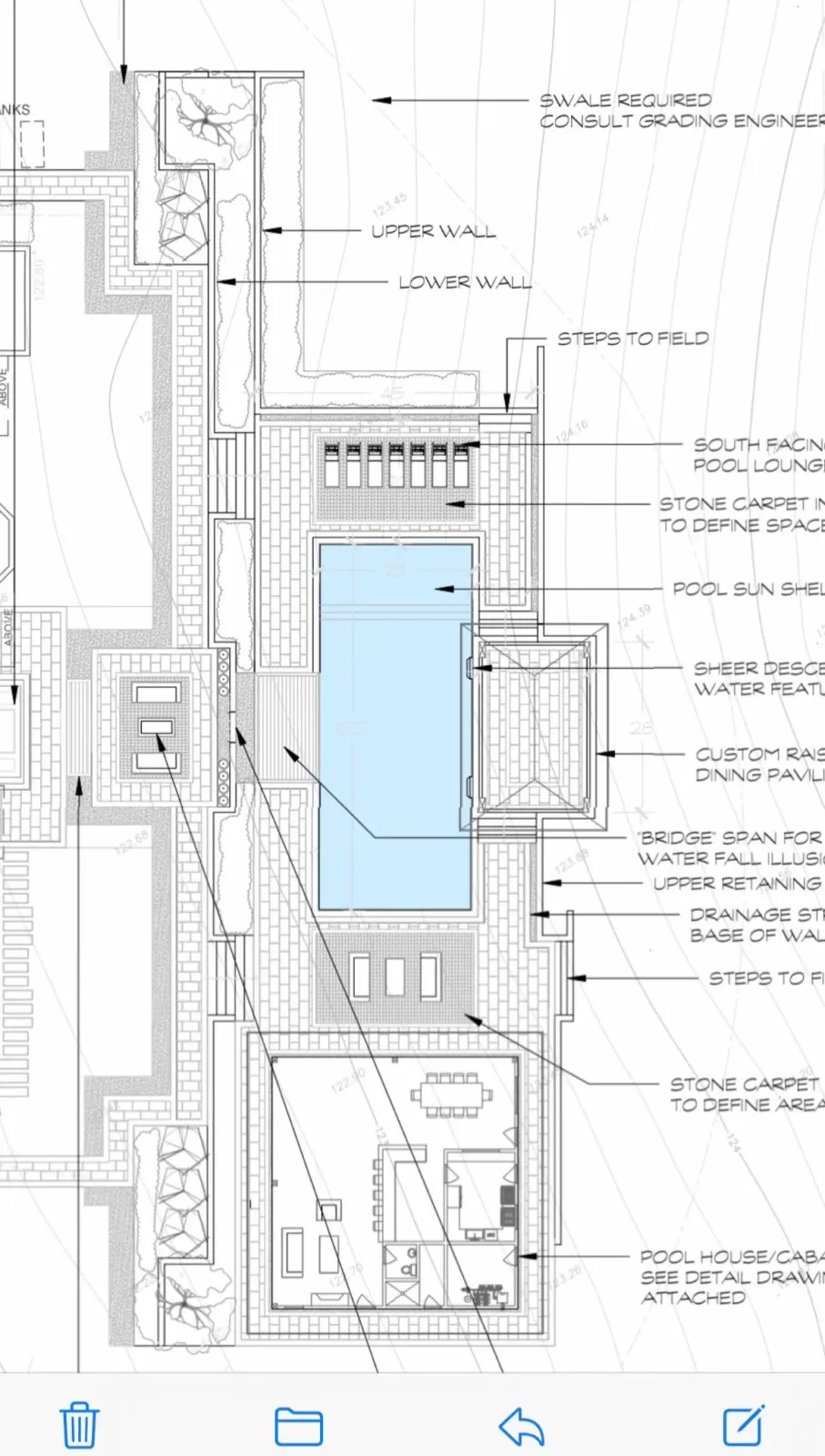 Technical drawing for a pool and hardscape build