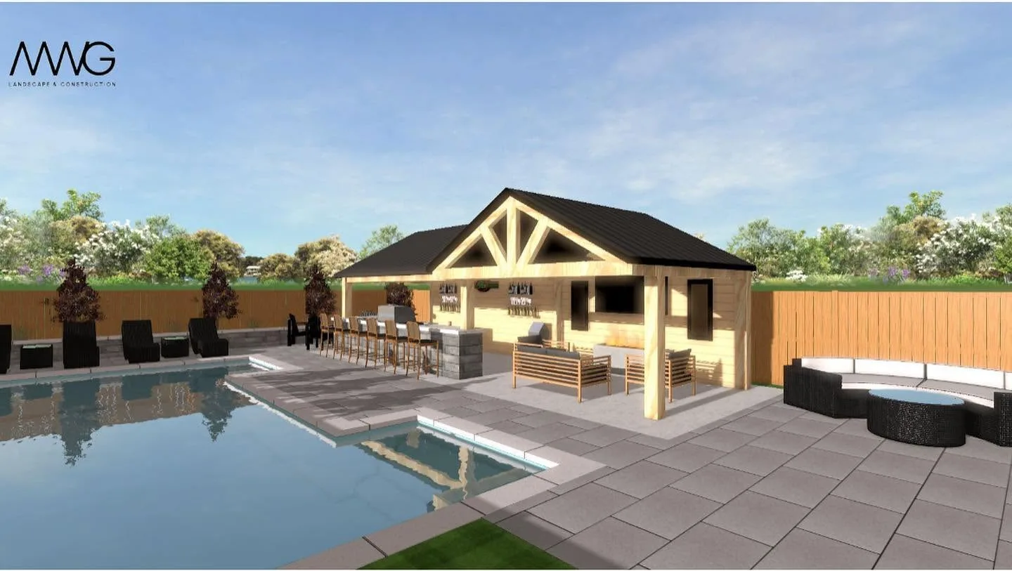 3D design render of a backyard pool and pavilion