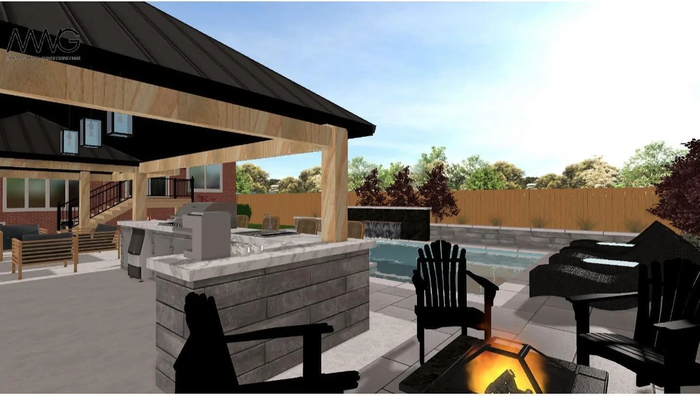 3D render of a pool with seating areas