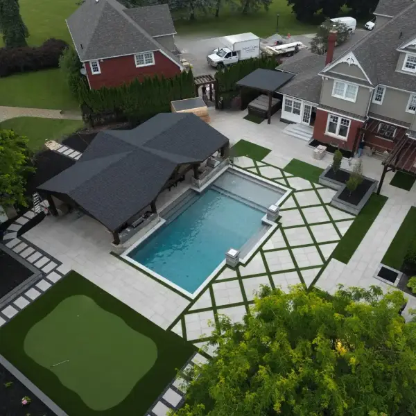Aerial of the pavilion, pool and putting green