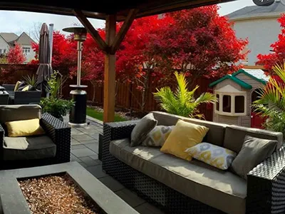 Built-in bench seating under the timber pergola