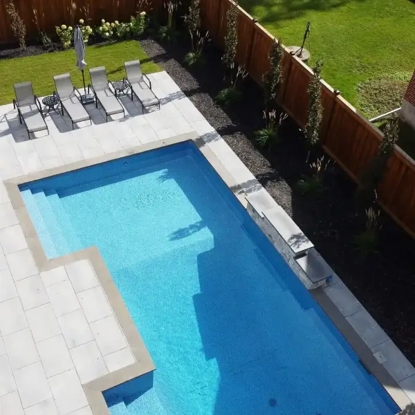 Overhead view of the pool and patio