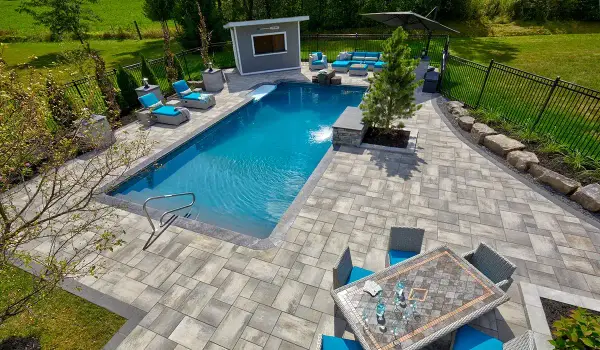Sectional seating on the terrace beside the cabana
