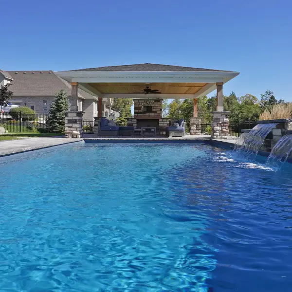 Wide view of the pool and pavilion