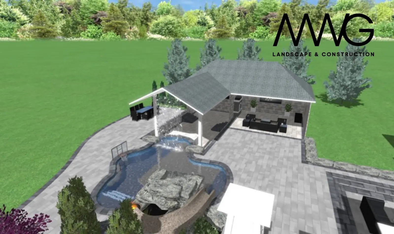 3D render of the pool, spa and cabana