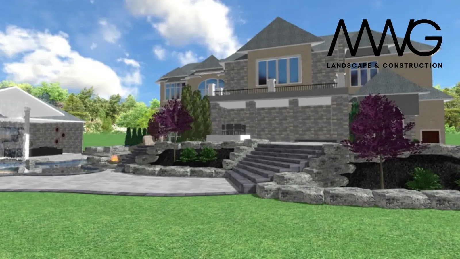 3D render of the tiered rear garden and steps